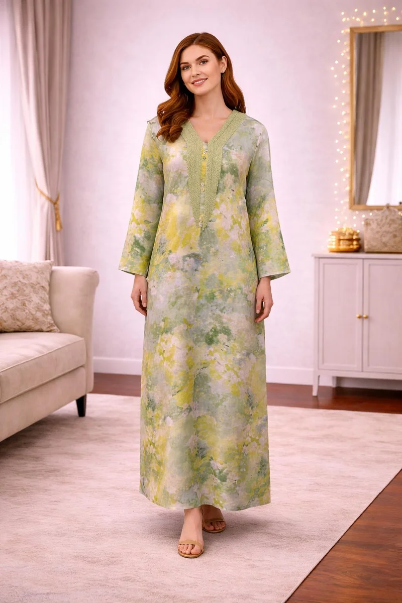 Artemea Women’s Mint watercolor print Jalabiya | Premium Rayon | Crochet-Style Neck Embroidery & Soft abstract Printed Finish